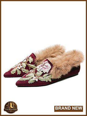 Fericzot Slip On Loafers Womens Embroidery Mule Shoes Plush Fur Velvet Slippers